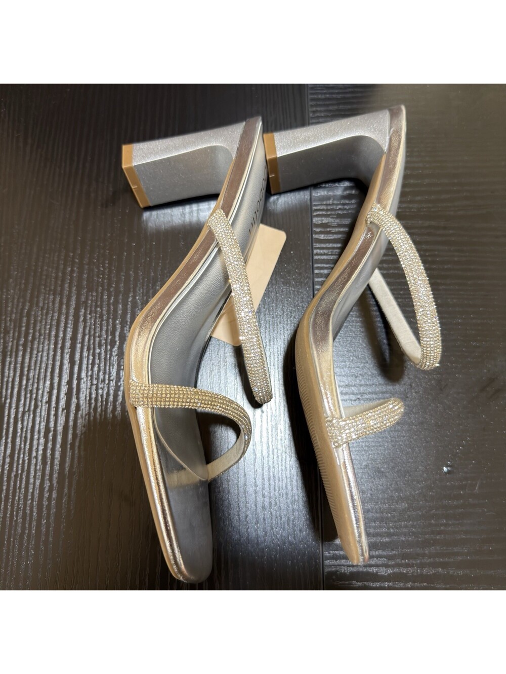 Dobolin Women's Silver Rhinestone Heeled Slide Sandals Size 9 Open Toe Mule - Picture 3 of 14